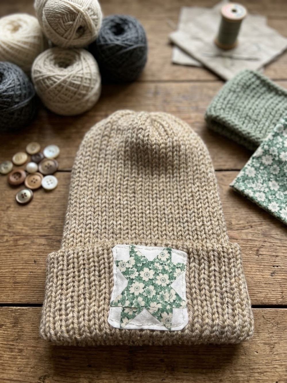 Beige Knit Cuffed Green Floral Patchwork Toque/Beanie